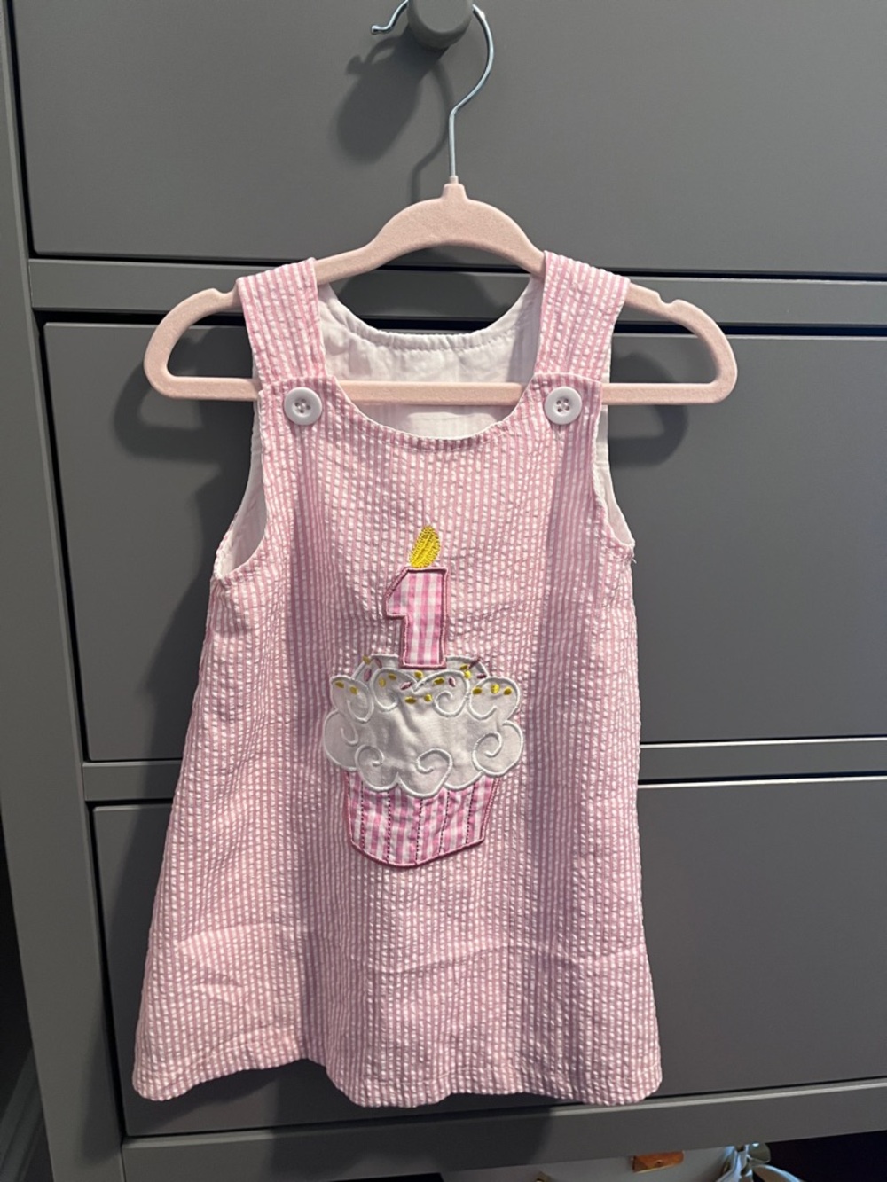 Pink Seersucker Cupcake Birthday Dress - Baby